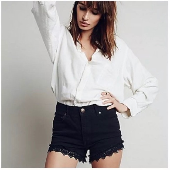 Free People Black Denim Lace Trim Cotton Shorts